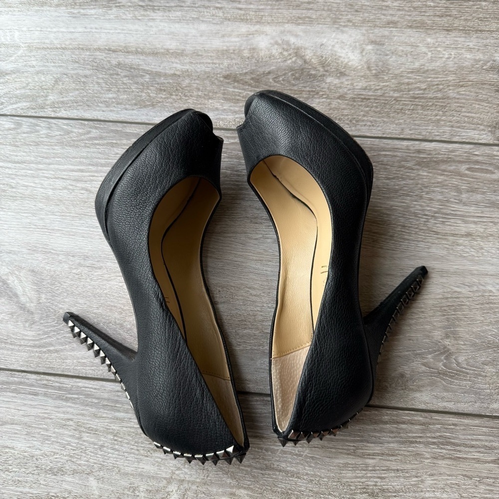 BCBGMAXAZRIA Roxanne Black High All Leather Spikes Heel Peep Toe Rocker Pumps - Picture 10 of 15